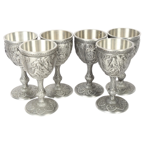 696 - A set of 6 embossed pewter Excalibur goblets, by Franklin Mint, height 16cm