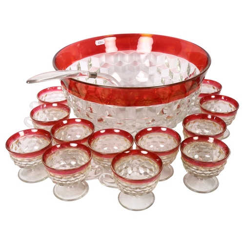 697 - Vintage Fostoria glass punch bowl with 12 cups, 33.5cm across