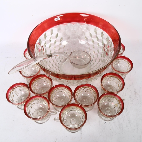 697 - Vintage Fostoria glass punch bowl with 12 cups, 33.5cm across