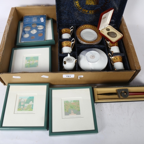 701 - 4 framed limited edition prints, by Elizabeth Bessant, Pierre Cardin letter opener, Indonesian boxed... 