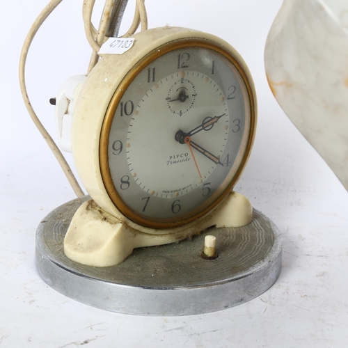 704 - A Vintage Pifco Timeside alarm clock with adjustable chrome bedside lamp and marbled shade, height 2... 