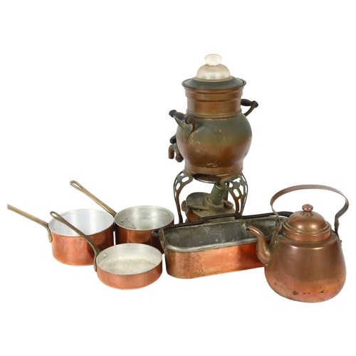 714 - Vintage copper coffee maker, height 32cm, 3 small copper saucepans, kettle etc