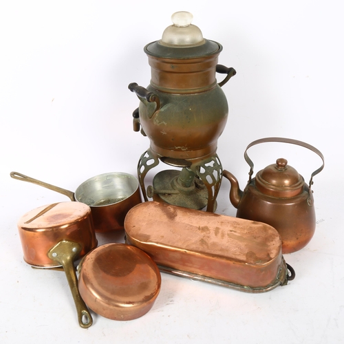 714 - Vintage copper coffee maker, height 32cm, 3 small copper saucepans, kettle etc