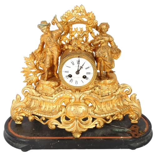 716 - A French gilt-metal clock on plinth, by Pernot, lacking glass, height 34cm overall