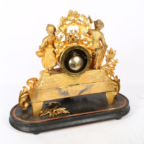 716 - A French gilt-metal clock on plinth, by Pernot, lacking glass, height 34cm overall