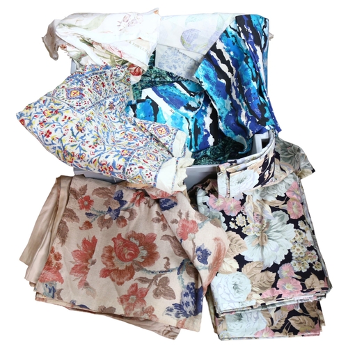 728 - A quantity of floral cotton curtains, a throw etc