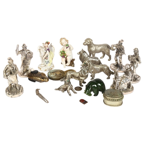 735 - Royal Hampshire polished pewter figures, tallest 8cm, Naples porcelain figures, green stone bear, Ve... 