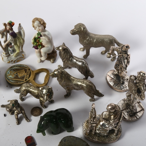 735 - Royal Hampshire polished pewter figures, tallest 8cm, Naples porcelain figures, green stone bear, Ve... 