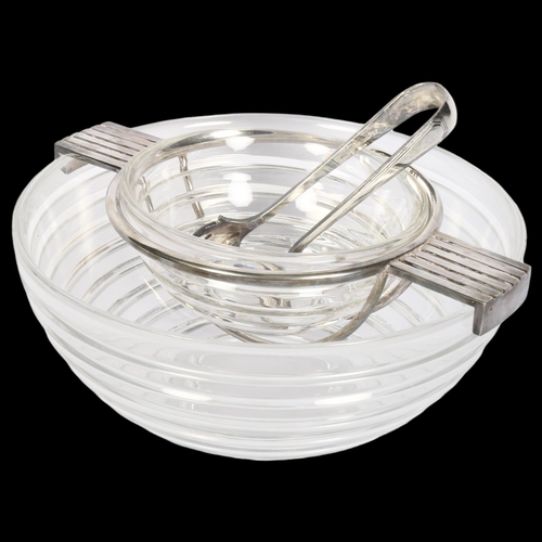 741 - Riedel Glass, a mid-century ribbed glass caviar bowl, with silver plated mounts and tongs, diameter ... 