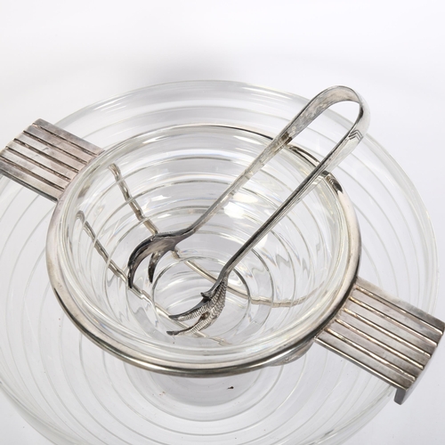 741 - Riedel Glass, a mid-century ribbed glass caviar bowl, with silver plated mounts and tongs, diameter ... 