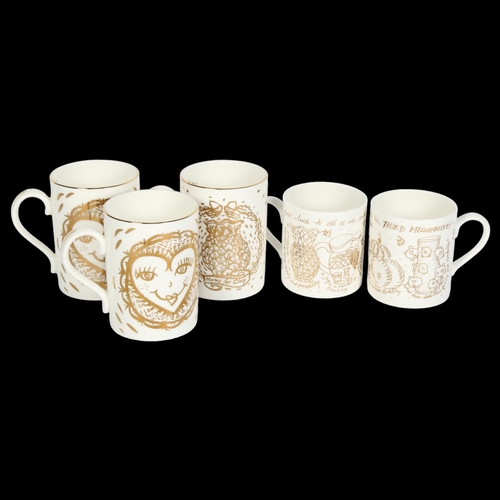 744 - 5 Kate Malone designed ceramic mugs, for Balls Pond Studio, all with gilt decoration, 3 