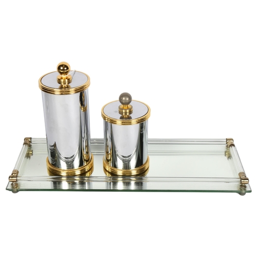 748 - A Hollywood Regency style, mirror glass tray, with mirrored metal cannisters, length 40cm