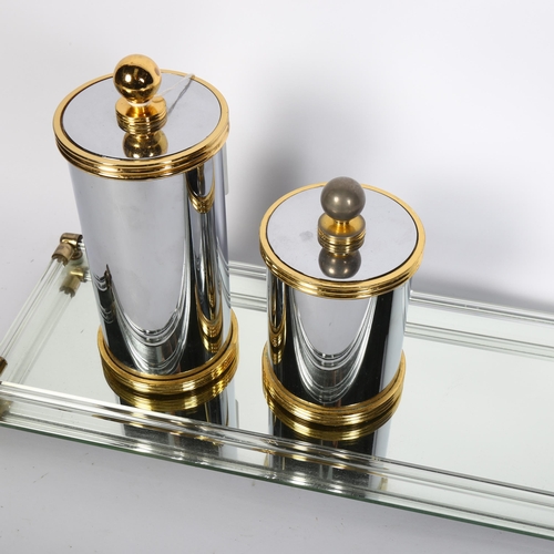 748 - A Hollywood Regency style, mirror glass tray, with mirrored metal cannisters, length 40cm