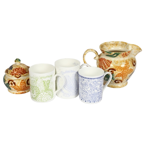 749 - 3 Kate Malone designed ceramic mugs and 2 pieces of Moorland spongeware, all with makers marks.