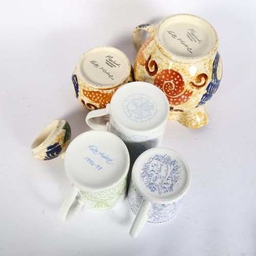 749 - 3 Kate Malone designed ceramic mugs and 2 pieces of Moorland spongeware, all with makers marks.