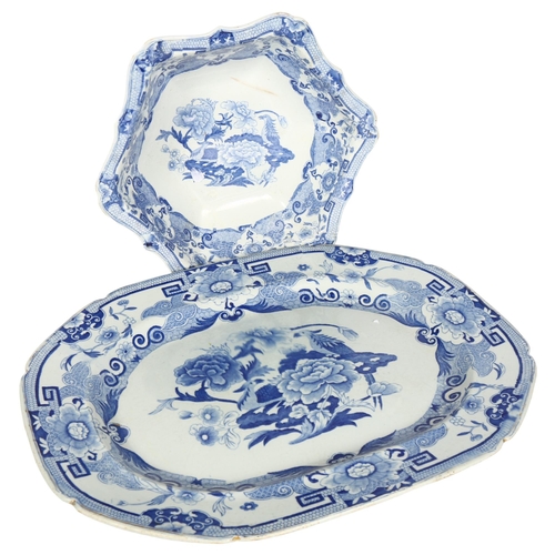 755 - WITHDRAWN - Victorian Mason's blue and white printed meat dish, 43cm, and matching bowl