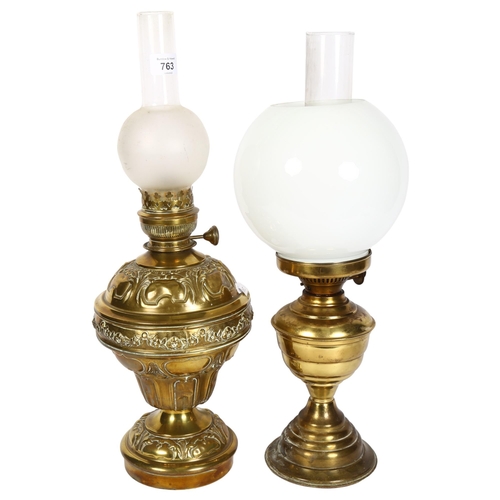 763 - Victorian embossed brass oil lamp with chimney, 51cm, and a Duplex brass oil lamp with shade and chi... 