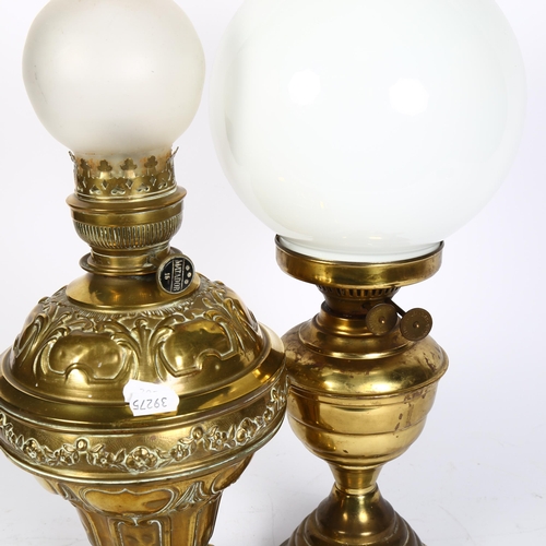 763 - Victorian embossed brass oil lamp with chimney, 51cm, and a Duplex brass oil lamp with shade and chi... 