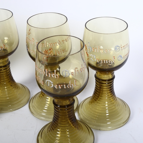 770 - A set of 6 German green glass rummers with inscriptions, height 14.5cm