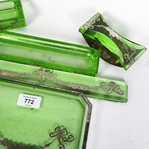 772 - An Art Deco silver overlaid green glass desk set, comprising paperweight, pen tray, desk blotter, in... 