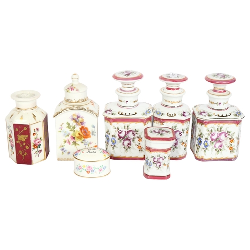 782 - A porcelain scent bottle with floral decoration, and 2 matching jars and covers, 14cm, a Dresden jar... 