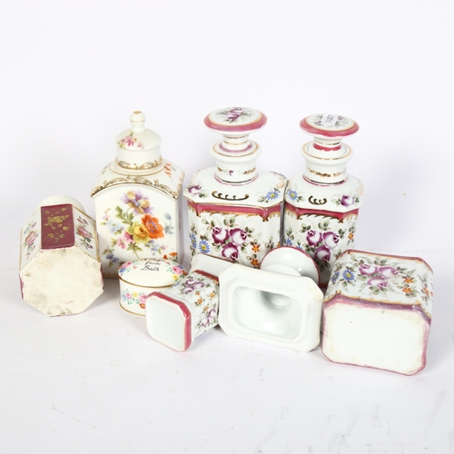 782 - A porcelain scent bottle with floral decoration, and 2 matching jars and covers, 14cm, a Dresden jar... 