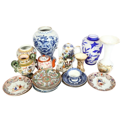 784 - A group of Oriental and other ceramics, an Italian Maiolica pot, a Continental milk glass vase, 19cm... 