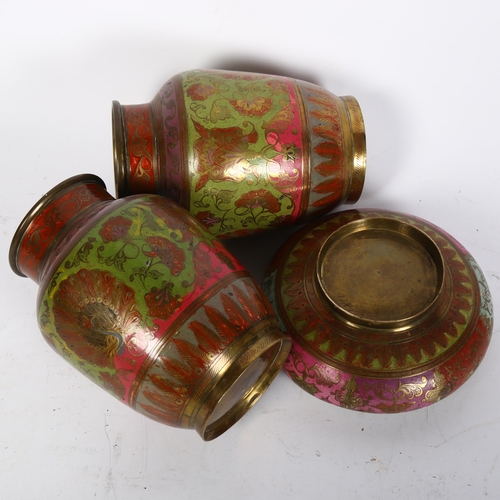 789 - A pair of Eastern enamelled brass vases with peacock designs, 15.5cm, and a similar bowl