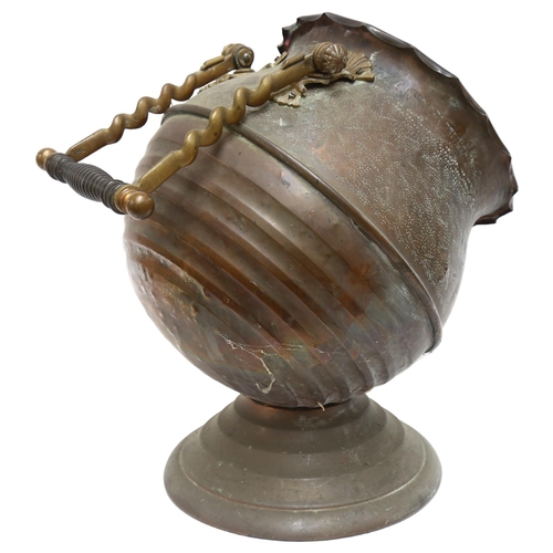 810 - Unusual Antique copper coal bucket, with barley twist brass and turned wood handle