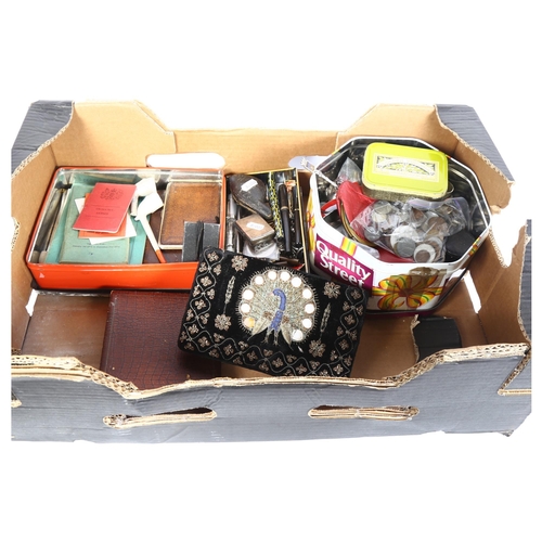 813 - A box of interesting items, including coins, cutlery, evening purse, ephemera, pocket watches, pipes... 