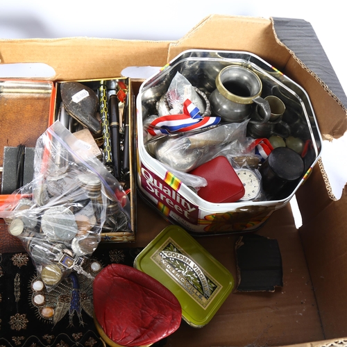 813 - A box of interesting items, including coins, cutlery, evening purse, ephemera, pocket watches, pipes... 