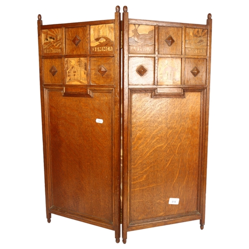 818 - An oak 2-section screen with illustrations depicting seasons in marquetry, height 75cm