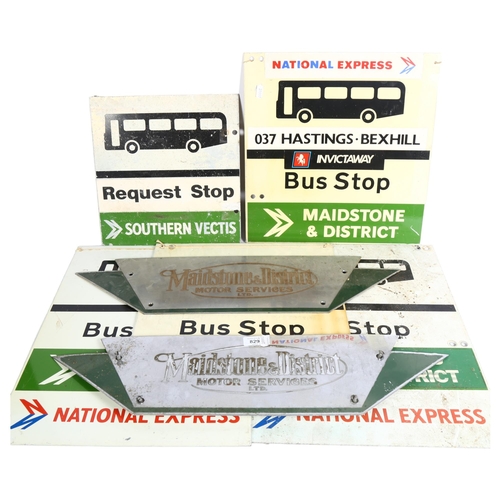 829 - 5 Vintage local bus stop signs, 2 chrome Maidstone & District Motor Services Ltd signs, length 65cm