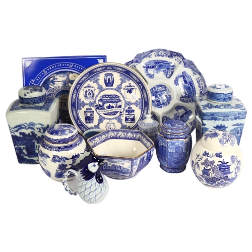 832 - A pair of Ringtons blue and white transfer printed tea caddies, another, blue and white ginger jars ... 