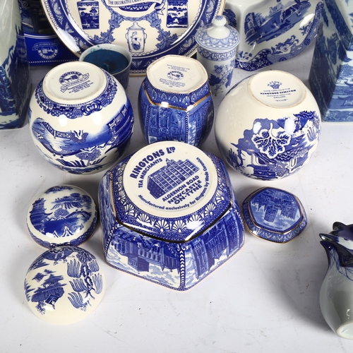 832 - A pair of Ringtons blue and white transfer printed tea caddies, another, blue and white ginger jars ... 