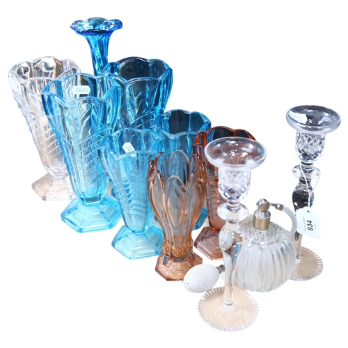 834 - A group of 1930s and other moulded glass vases, blue Art glass vase, height 25cm, cut-crystal candle... 