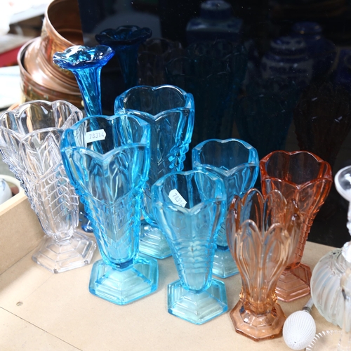 834 - A group of 1930s and other moulded glass vases, blue Art glass vase, height 25cm, cut-crystal candle... 