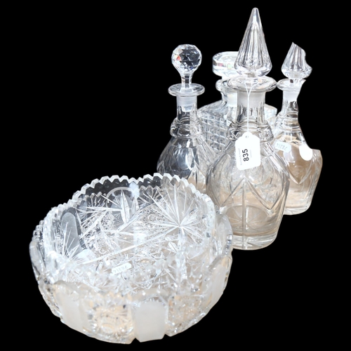 835 - 4 glass decanters and stoppers, tallest 32cm, and 2 cut-crystal fruit bowls