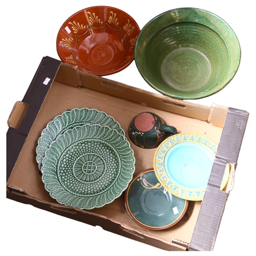 854 - Studio pottery bowls, Majolica plates etc