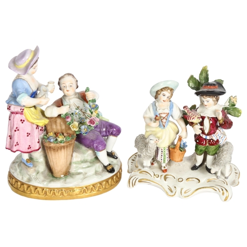 879 - A Dresden group with garland, height 13cm, and another German porcelain group, figures with sheep, h... 