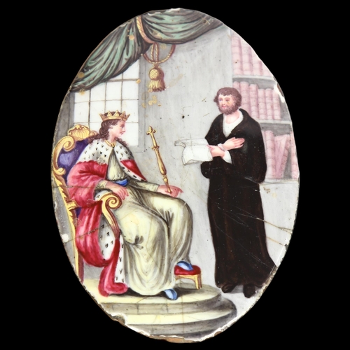 881 - A 19th century oval handpainted enamel on copper panel, depicting Monarch and servant, length 9cm