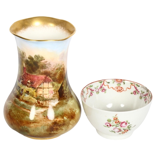 882 - ROYAL DOULTON - a painted vase with cottage design, 13cm, and a 19th century English tea bowl (2)