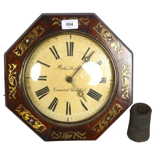 904 - A Regency rosewood and brass inlaid (Wag on the wall) clock, with octagonal bezel and painted wood d... 