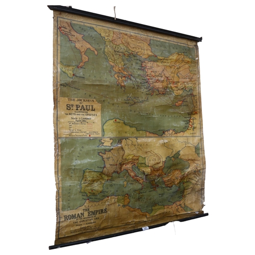 908 - An early 20th century schoolroom map, The Journey of St Paul and The Roman Empire, length 116cm