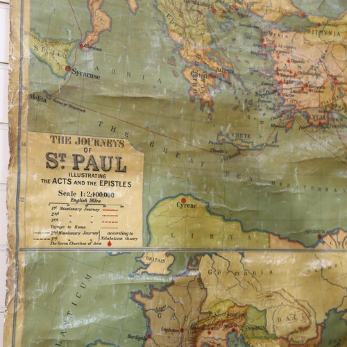 908 - An early 20th century schoolroom map, The Journey of St Paul and The Roman Empire, length 116cm