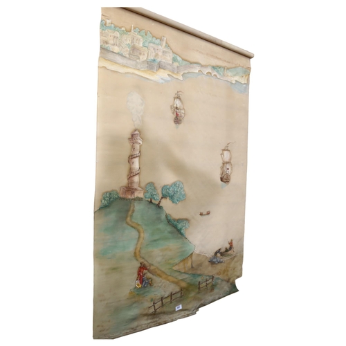 909 - A painting on silk scroll, depicting galleons and figures along the coast, length 138cm