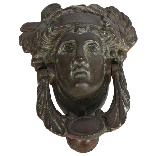 920 - A heavy patinated bronze figural Athena head door knocker, height 19cm