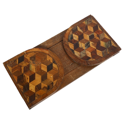 925 - A 19th century Tunbridge Ware specimen wood parquetry inlaid rosewood tumbling cube sliding book rac... 