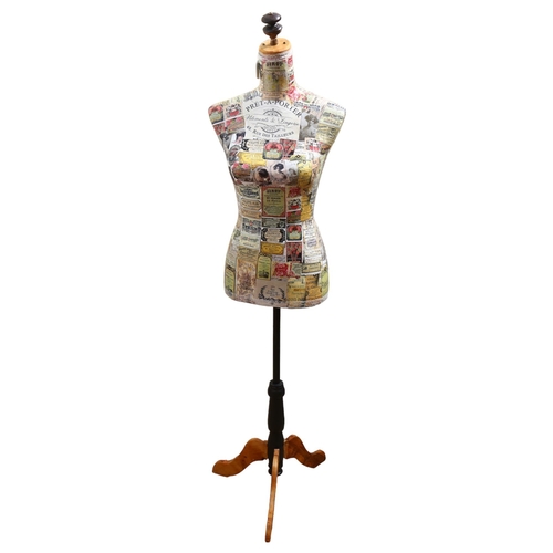 929 - Clive Fredriksson, a decoupage decorated half-size mannequin of the female form, on pine tripod stan... 