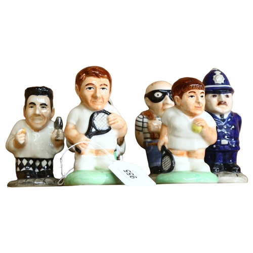 955 - A set of 6 novelty porcelain cruet figures, including burgalar and policeman, tennis players etc, ta... 